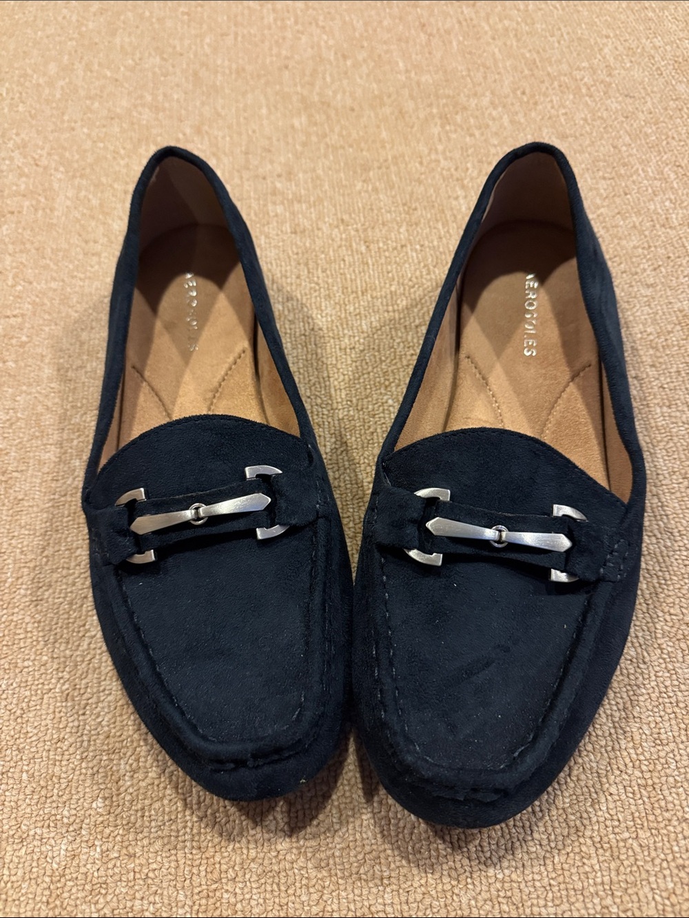 AEROSOLES Navy Suede Loafers with Silver Accent Hardware